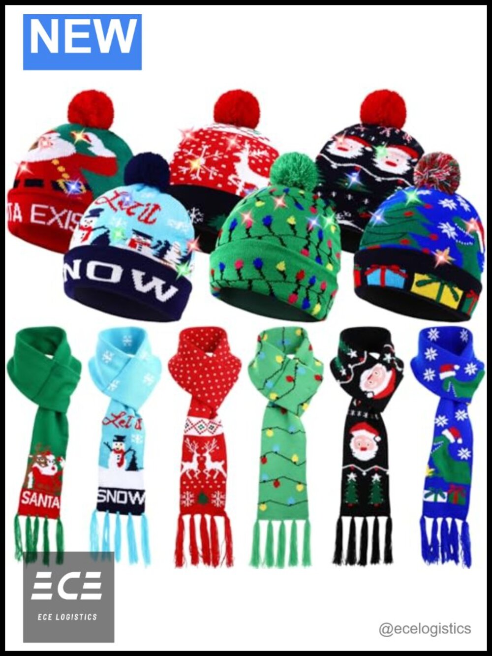 LED Light Up Christmas Beanie and Scarf Set Knit Hat Holiday Party